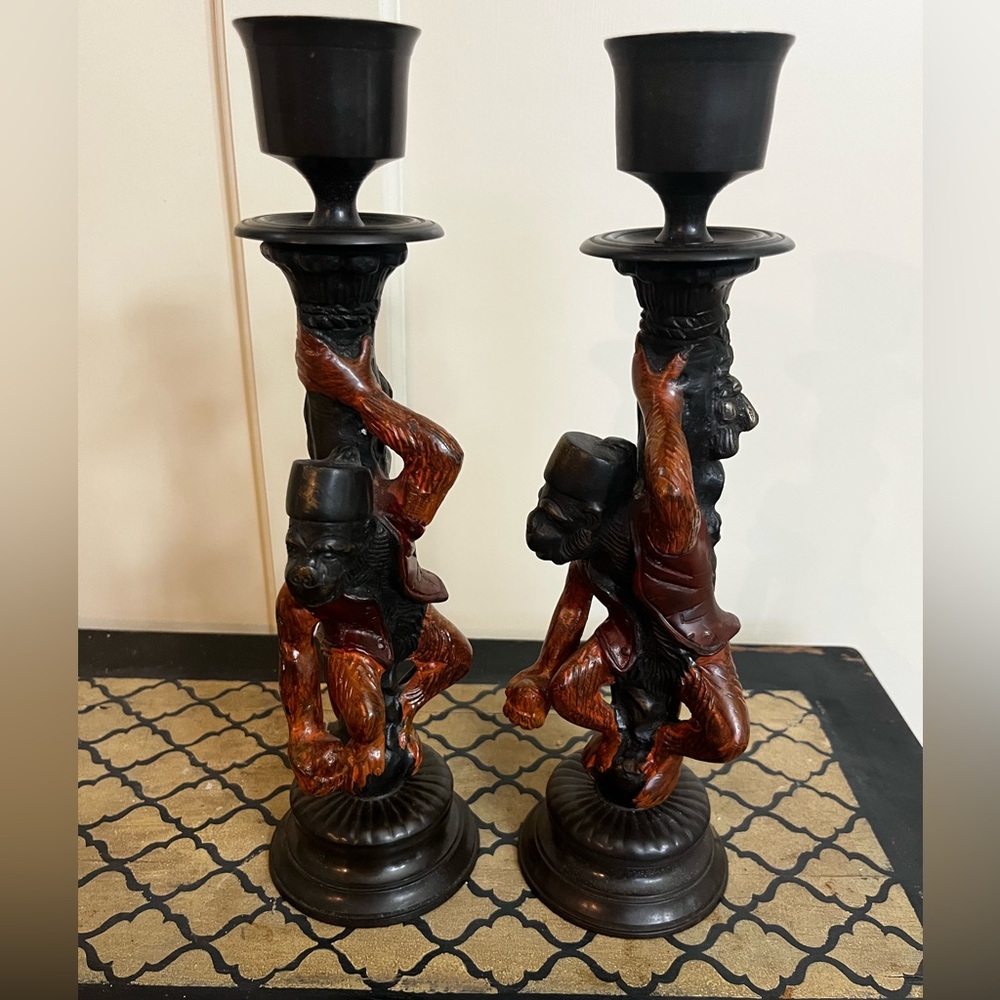 Vintage Heavy Bronze Cast Metal Dapper Monkey Candle Holder Set  12”